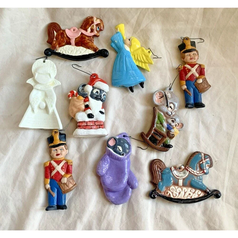 Vintage Lot Ceramic Christmas Ornaments, Horse, Mouse, Nutcracker, 9 Pcs, 3”